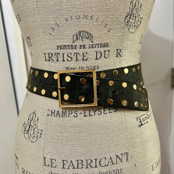 Accessories - VINTAGE 80s Sage/Olive Suede Gold Tone Bling Studded Fashion Belt - unique!